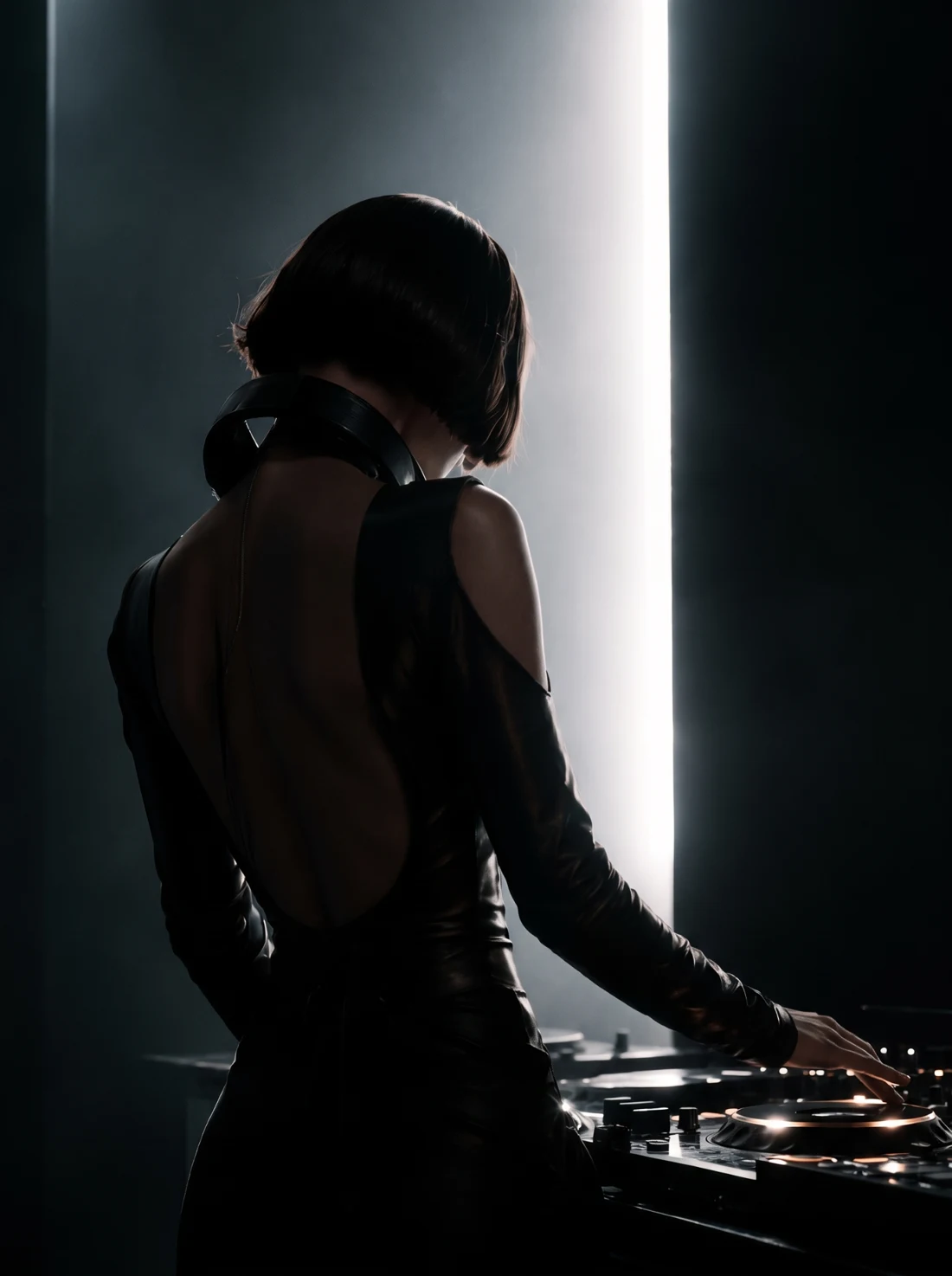 DJ performing beside a vertical light installation