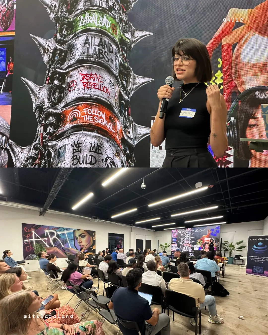 Pia presenting AiLand Labs to an audience