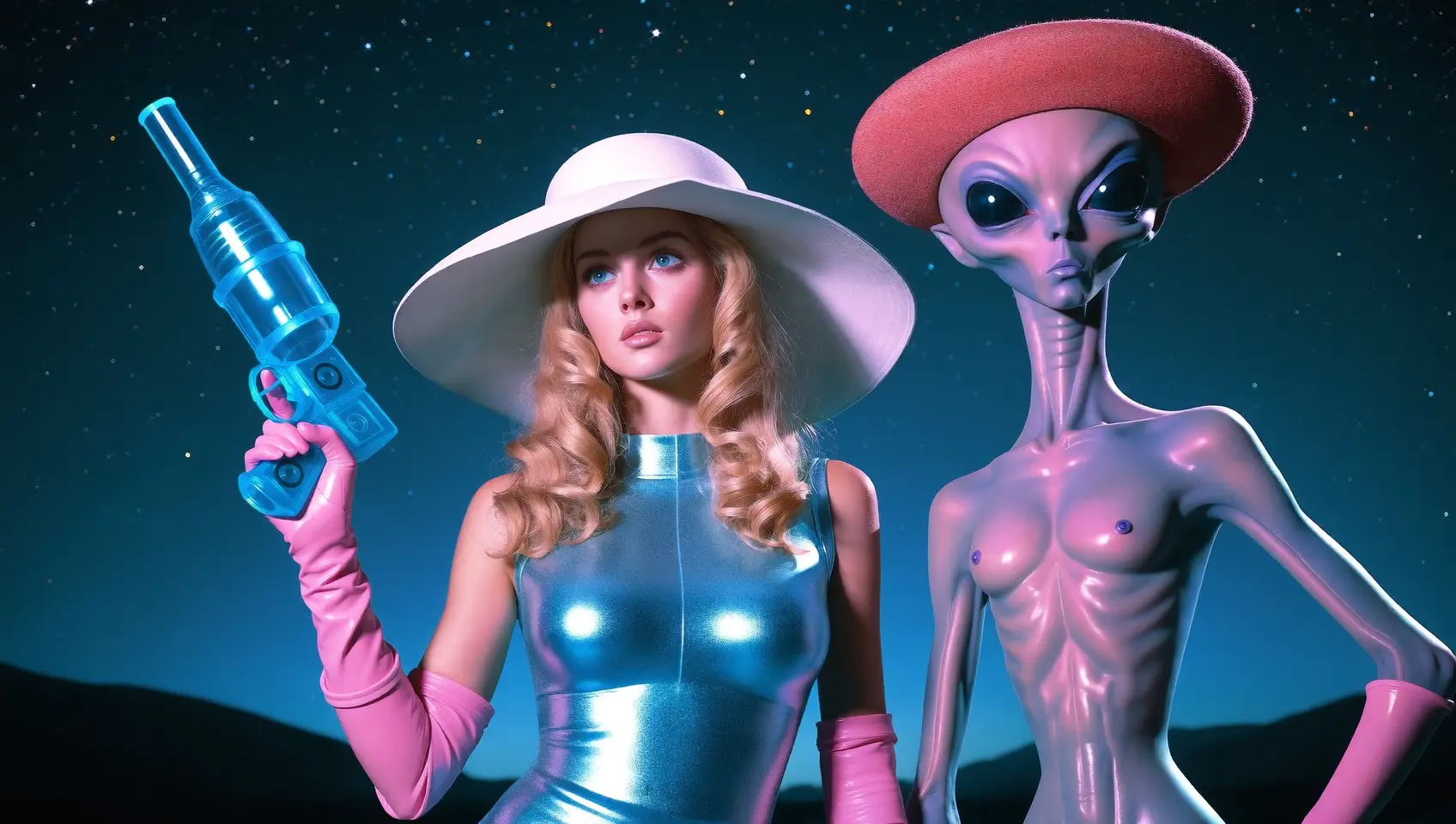 Retro science-fiction world with a woman and alien