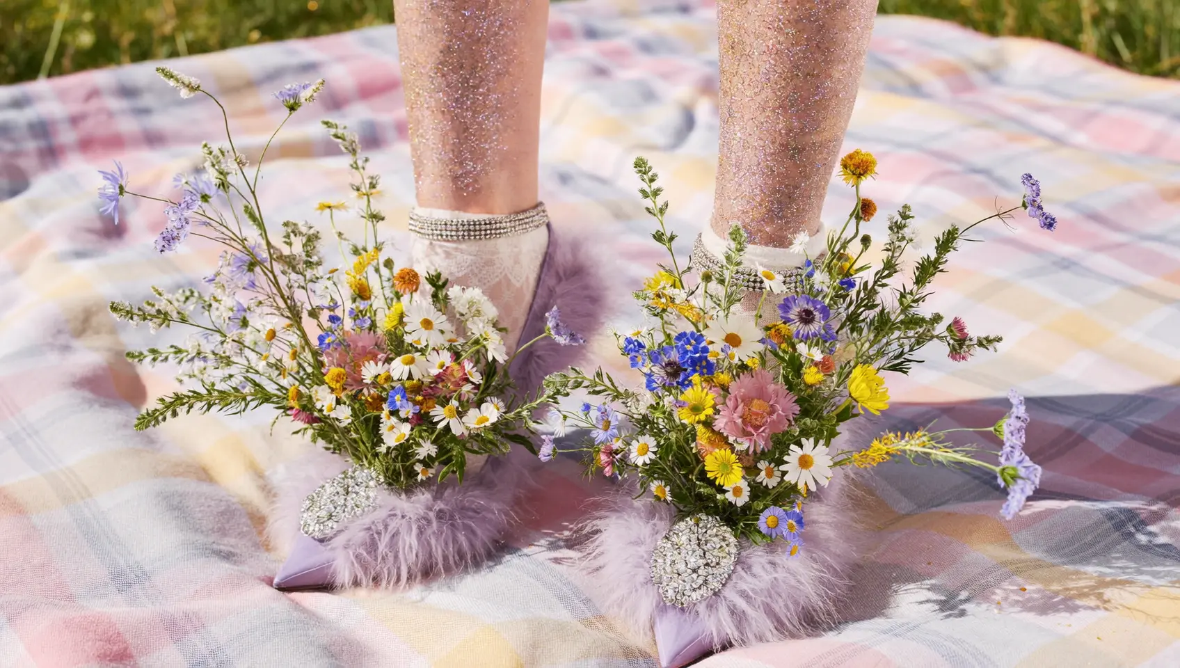Editorial floral shoes with glitter styling