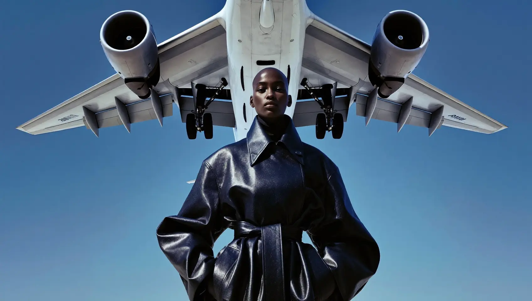 Editorial portrait beneath an airplane